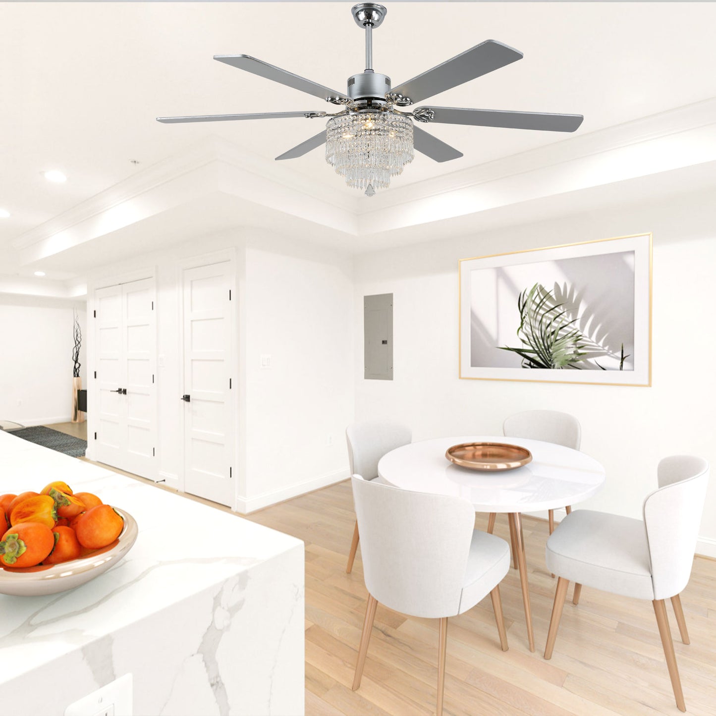 DC6502-65" Black/Silver Finish Metal Crystal Wooden Reversible Ceiling Fan with Remote and 3 Lights, Large Size Ceiling Fan