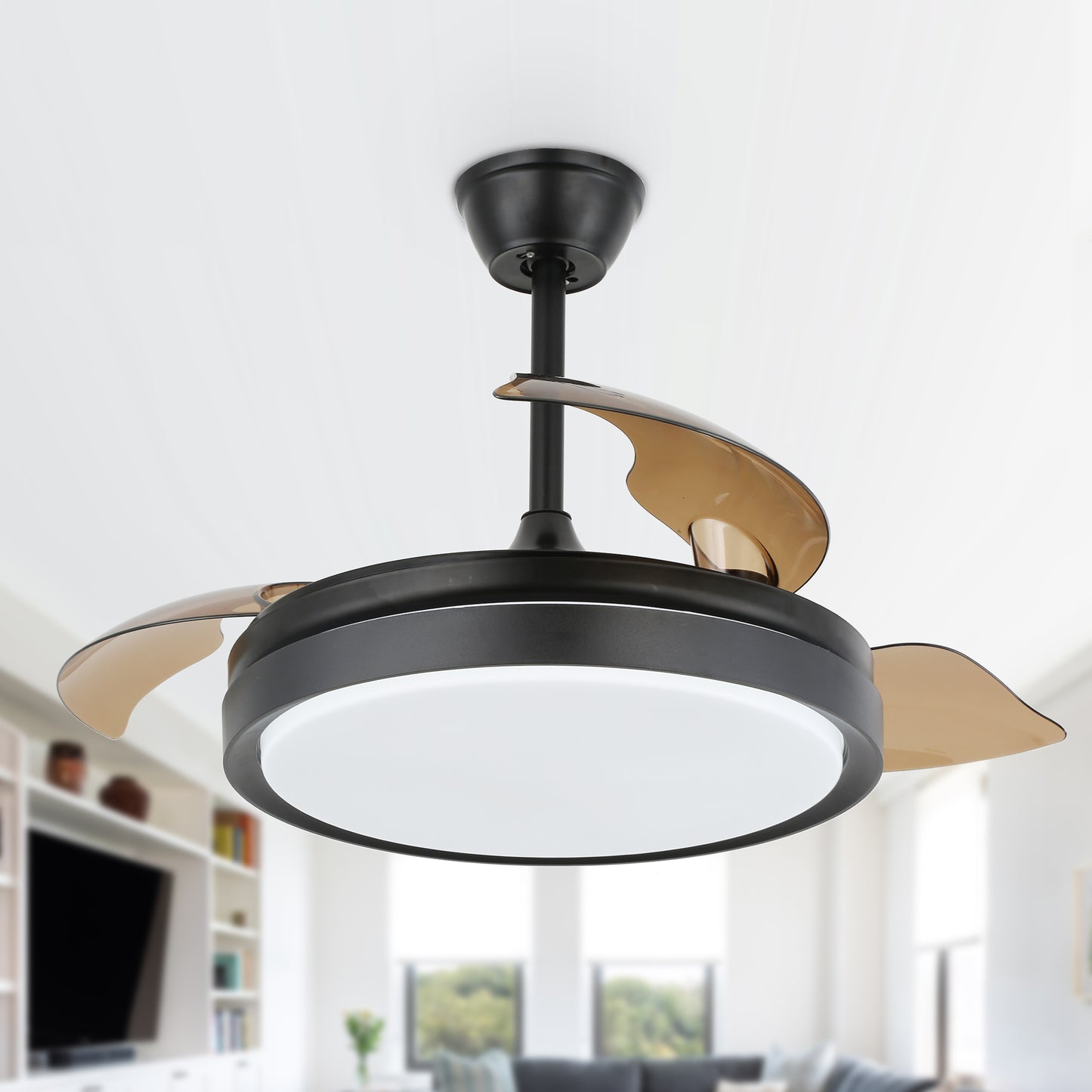 DC4205-42" Black/Gold/White Finish Retractable Ceiling Fan with Remote and LED Light Kit Included, CCT Dimmable Ceiling Fan