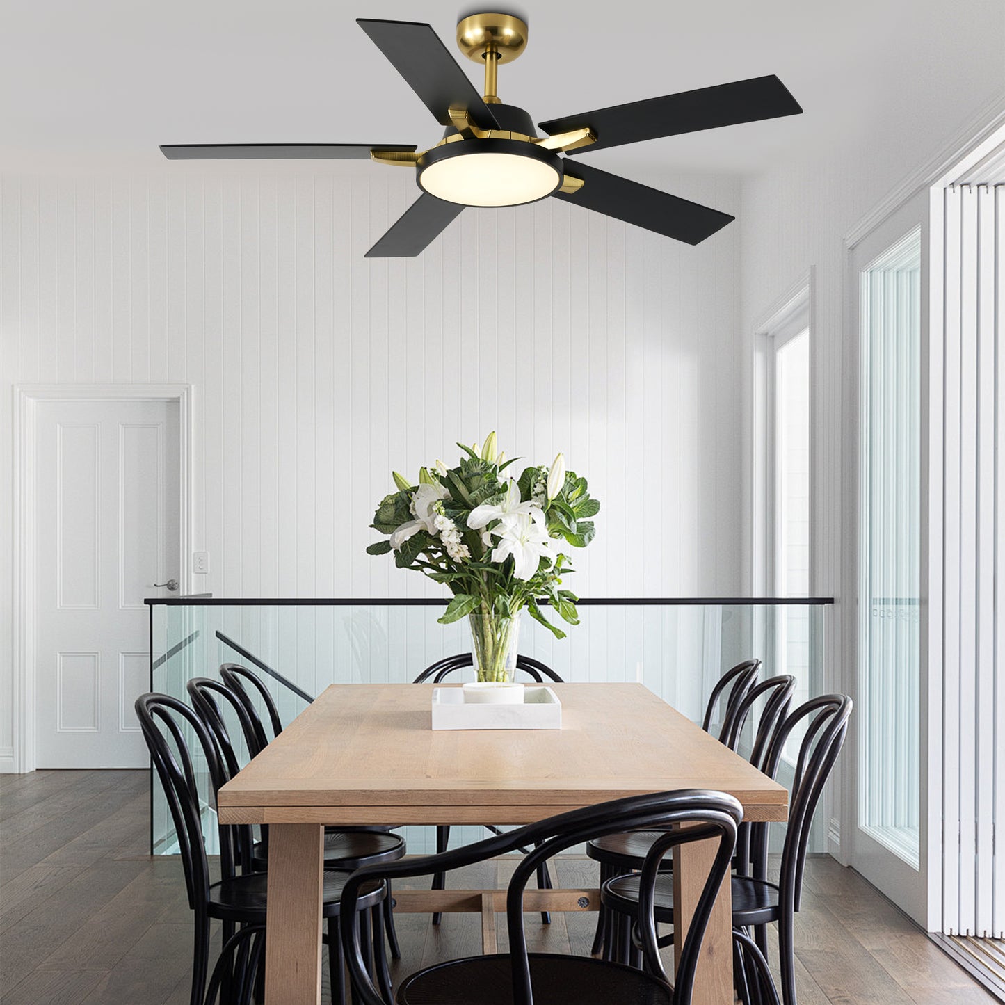 HWJ5220/5221/5222-52" 5 Wooden Blades Industrial Caged Reversible Ceiling Fan with Remote and LED Lights, Large Size 6-speed Ceiling Fan