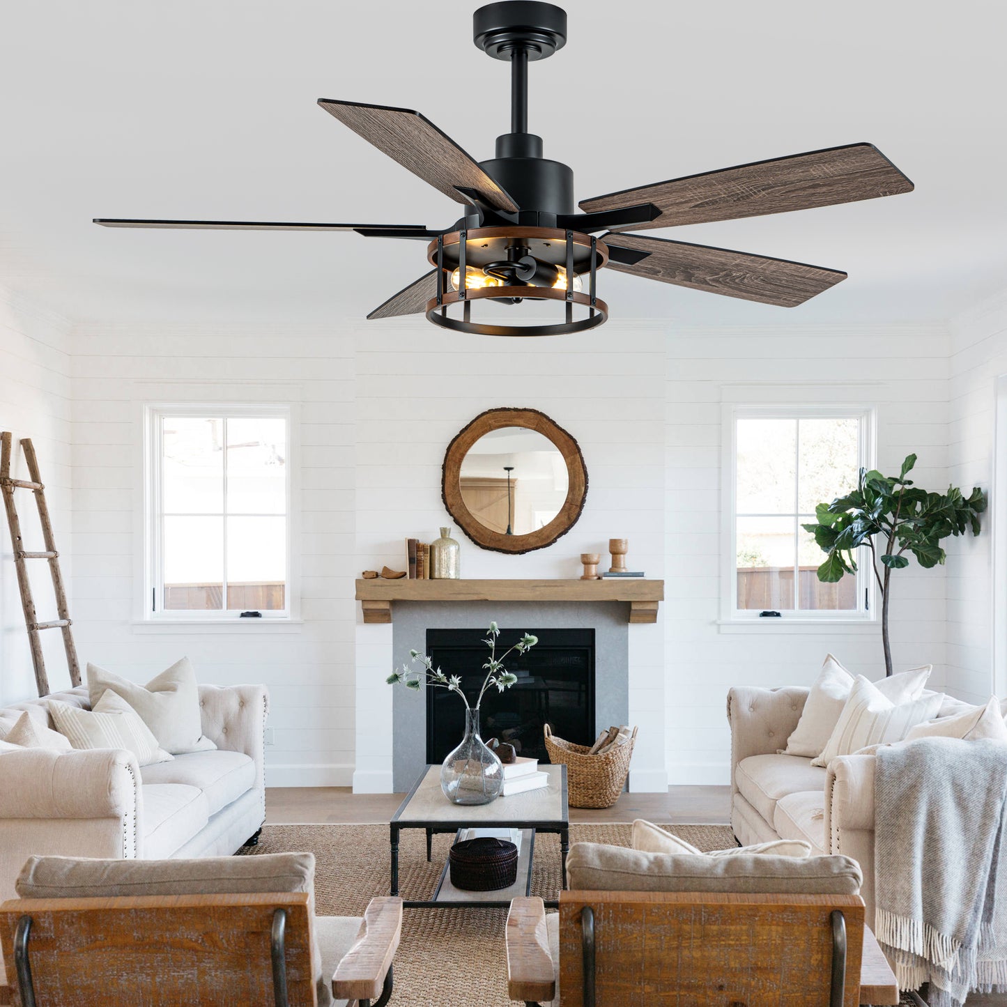 DC255204-B-BellaDepot Wood Grain 6 Speeds Ceiling Fan with Reversible Blades and Downrods, Remote-controlled Large Size Fan Lights