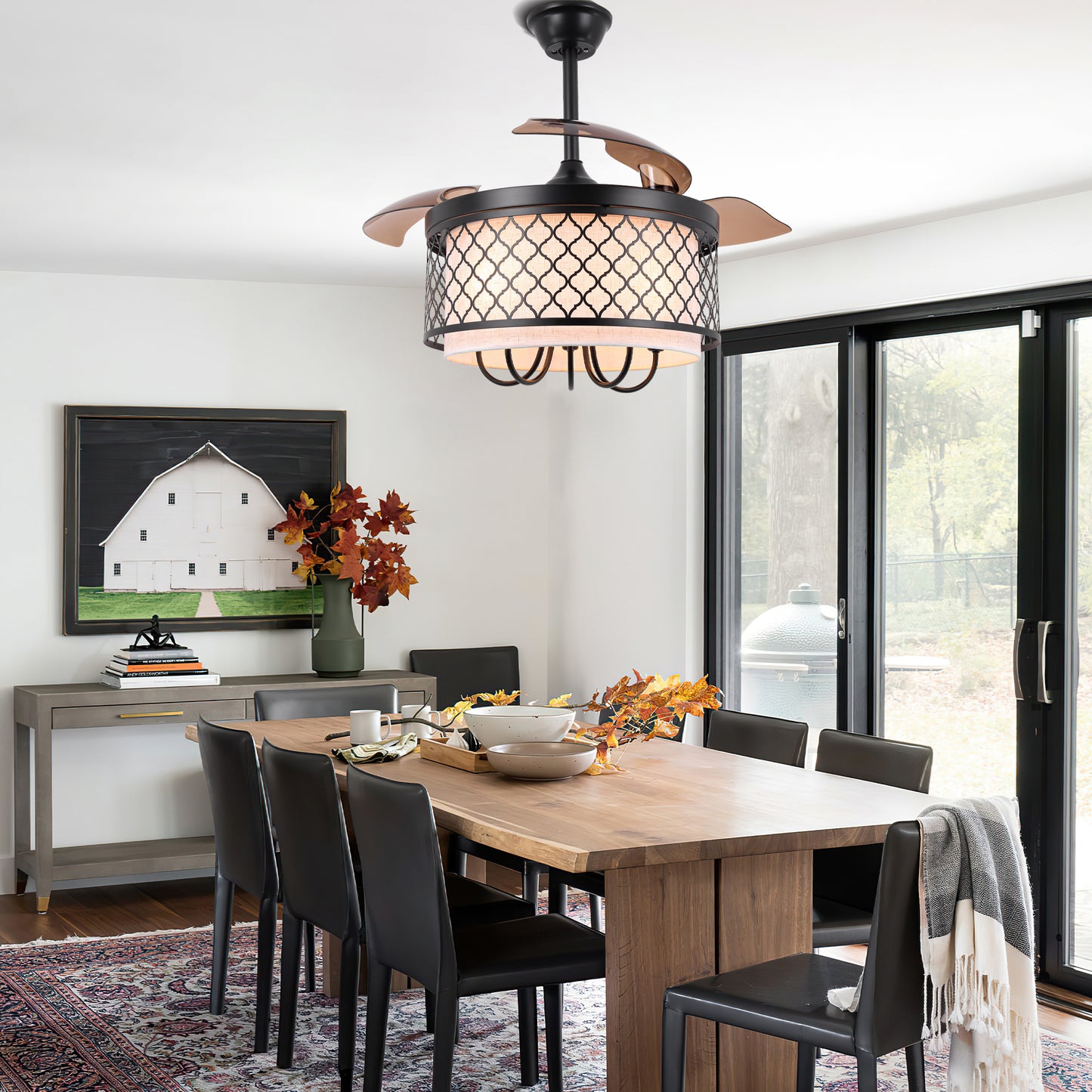 DC4271-B-BellaDepot 42" Vintage Chandelier Fan with Fabric and Metal Decor, Caged Ceiling Fan with Remote Control and Lights