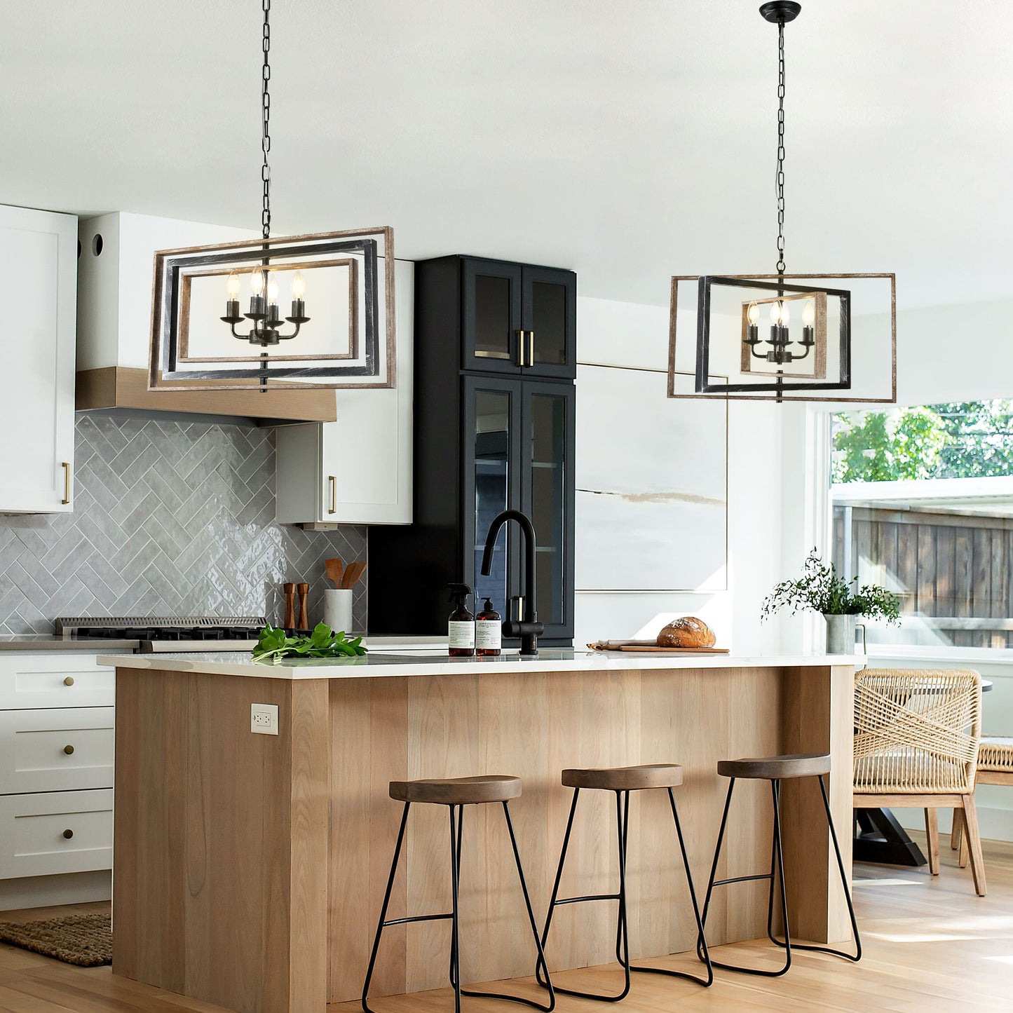 FC4114-4 Lights Geometric Wood Chandelier, Height Adjustable Home Decoration Pendant Light