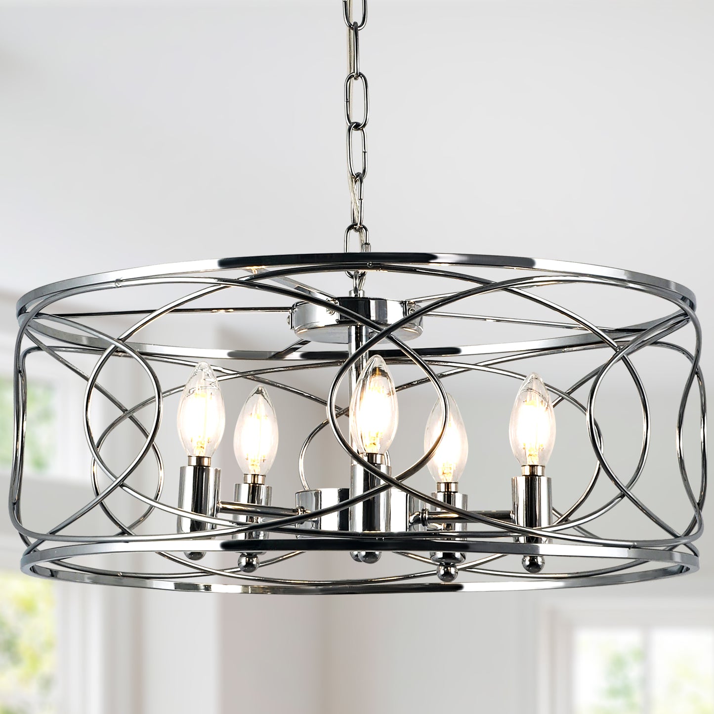 FC4078-5 Lights Black/Silver Finish Simple Linear Metal Caged Chandelier, Geometric Pendant Light with and Adjustable Chain
