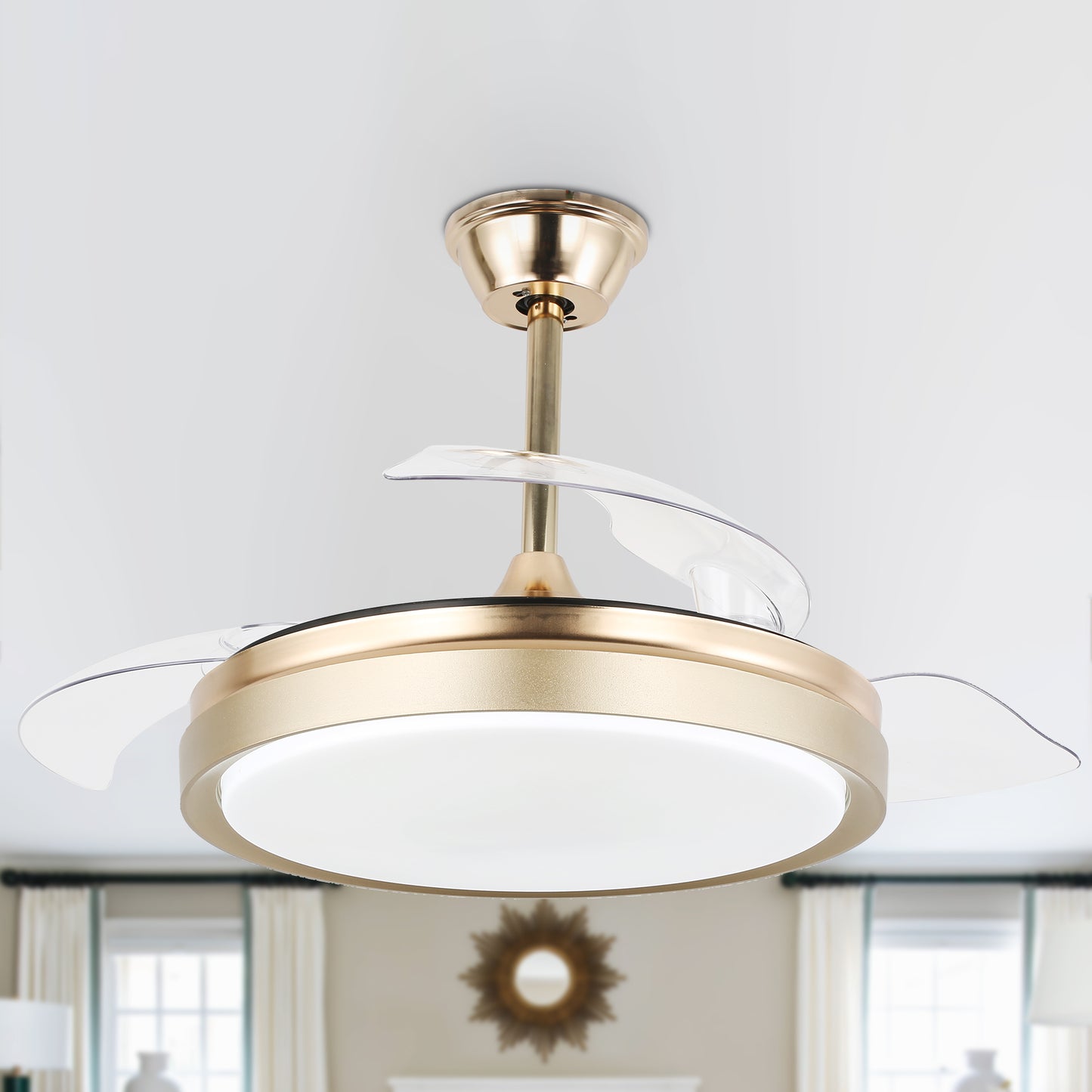 DC4205-42" Black/Gold/White Finish Retractable Ceiling Fan with Remote and LED Light Kit Included, CCT Dimmable Ceiling Fan