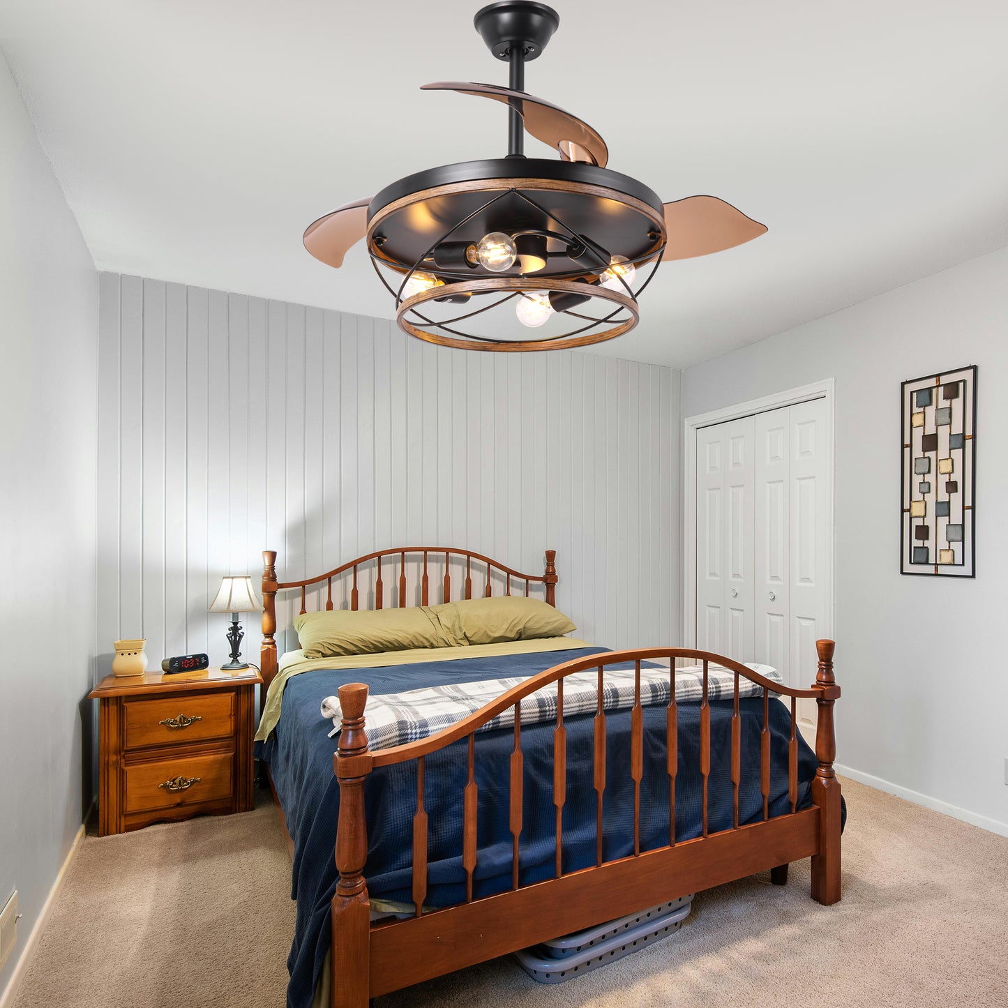 BellaDepot 42" Farmhouse Brown Retractable Ceiling Fan with Remote Control, Invisible Blades Ceiling Fan with Lights - DC4270
