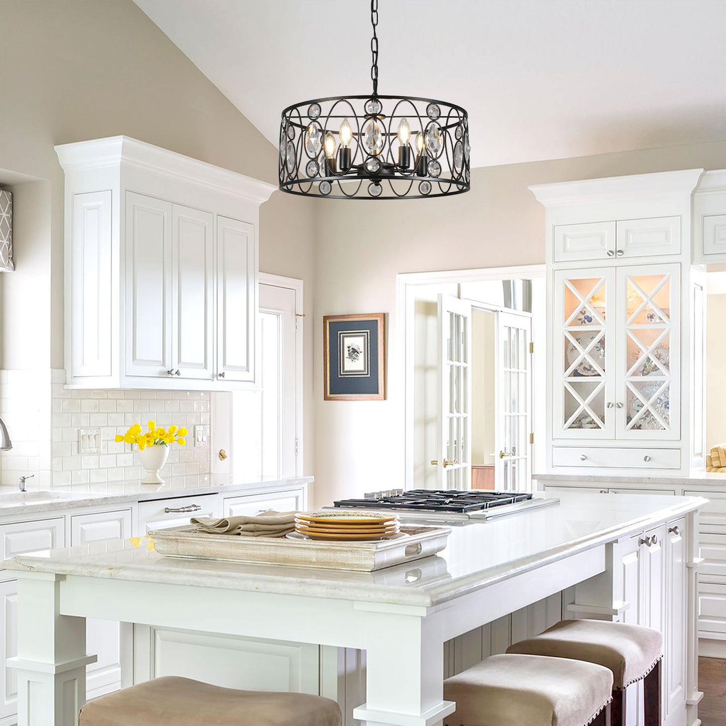 FC4086-5 Lights Black/Silver Finish Glamorous Crystal Geometric Chandelier, Height Adjustable Iron Pendant Light