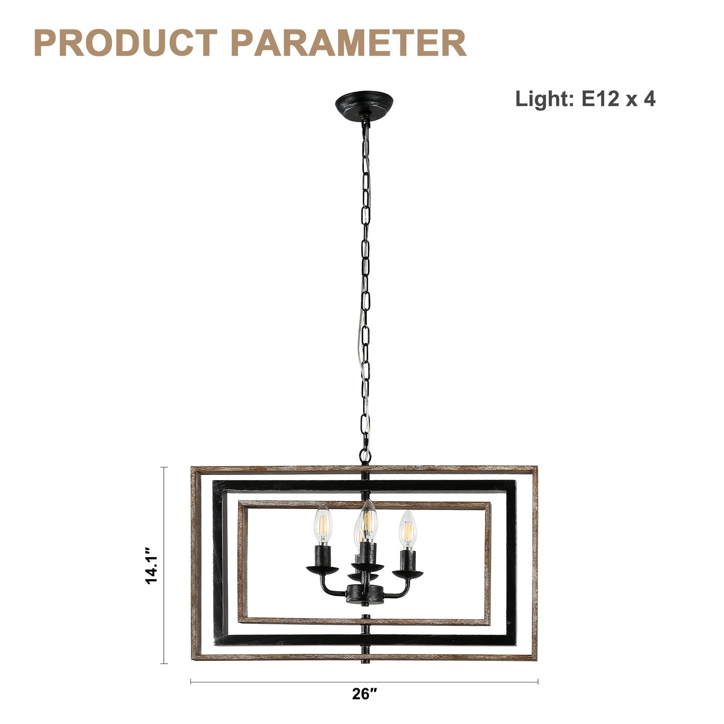 FC4114-4 Lights Geometric Wood Chandelier, Height Adjustable Home Decoration Pendant Light