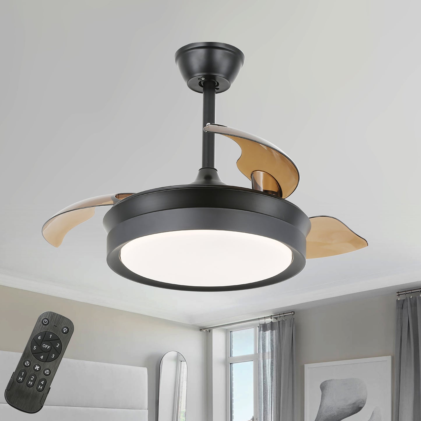 36" Dimmable Ceiling Fan with LED Light and Remote Retractable Blades