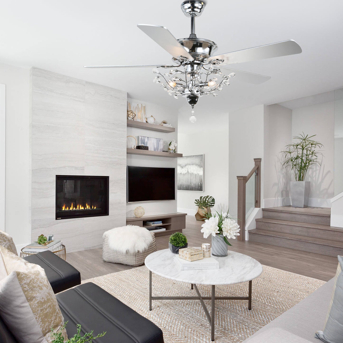 BD2014-52" Black/Chrome Finish Luxury Crystal Reversible Ceiling Fan with Remote and 3 Lights