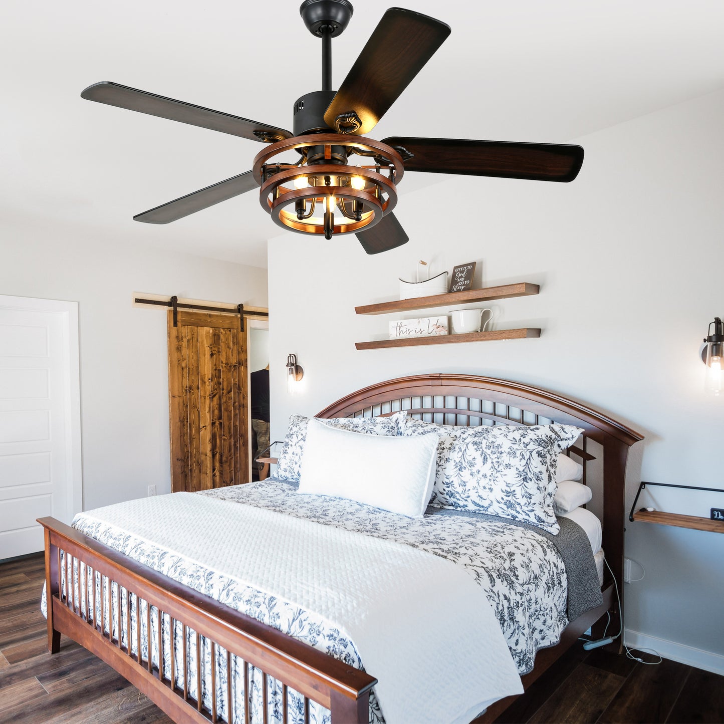 BellaDepot 52" Farmhouse Brown Ceiling Fan with Remote Control, 5 Blades Standard Ceiling Fan with Lights - DC5219