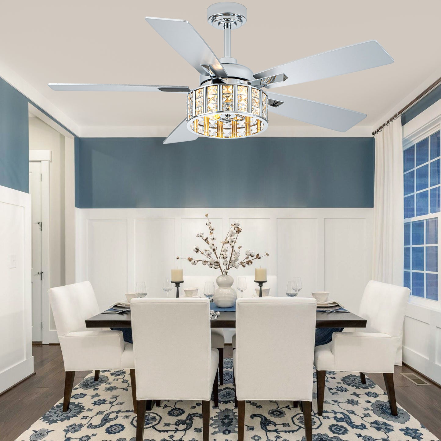 BellaDepot 52" Luxury Crystal Caged Chrome Ceiling Fan with Remote Control, 6 Speeds Ceiling Fan with Lights for Living Room- DC5229-MD