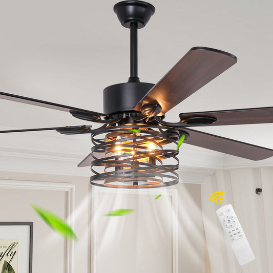 DC6507-BellaDepot 65" Farmhouse Industrial Brown Large Size Ceiling Fan with Remote Control, Silent Motor 6 Speeds Straight Leaf Fan with 3 Lights