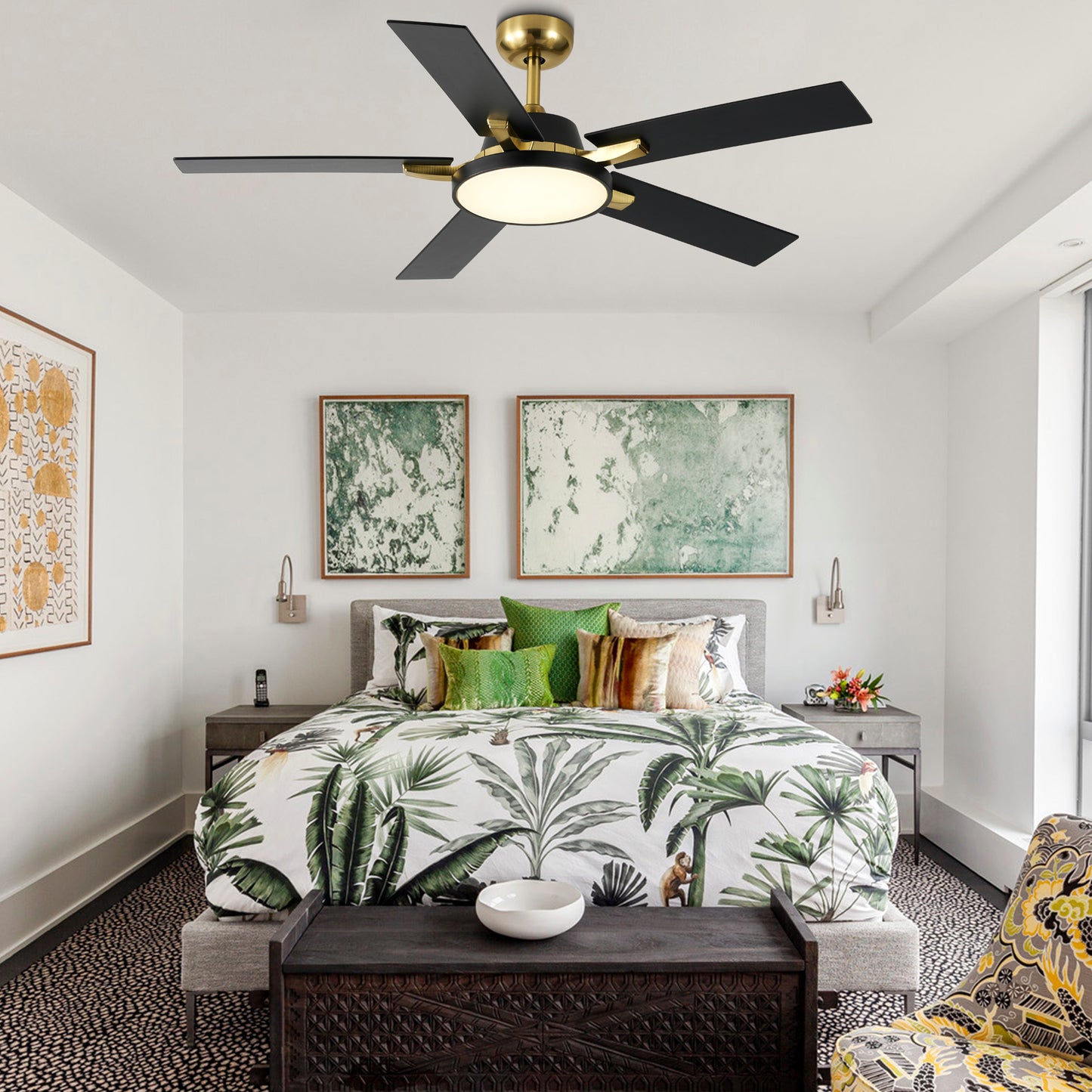 HWJ5220/5221/5222-52" 5 Wooden Blades Industrial Caged Reversible Ceiling Fan with Remote and LED Lights, Large Size 6-speed Ceiling Fan