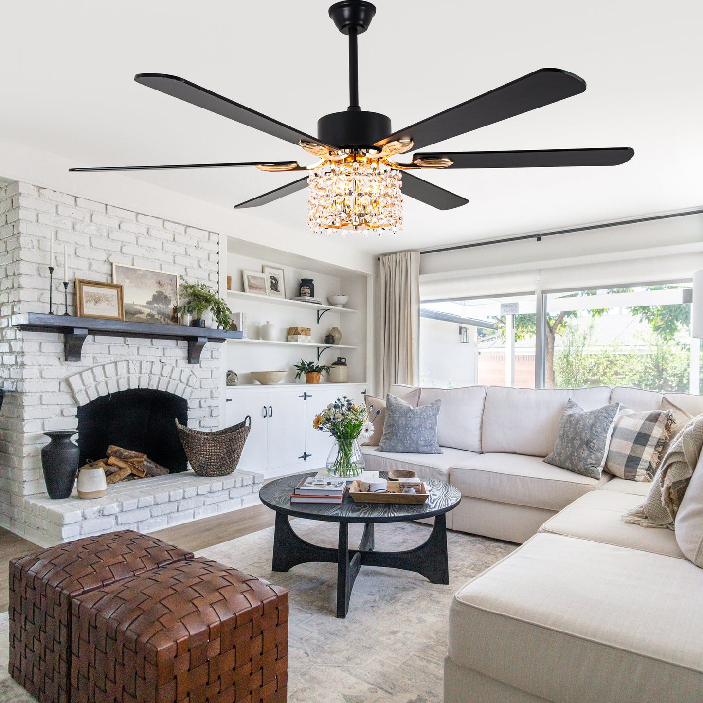 BellaDepot 65" Luxury Crystal Shape Flower Caged Ceiling Fan with Remote Control and 3 Lights, Black or Silver Silent Straight Leaf Fan for All Seasons - DC6510-B/C
