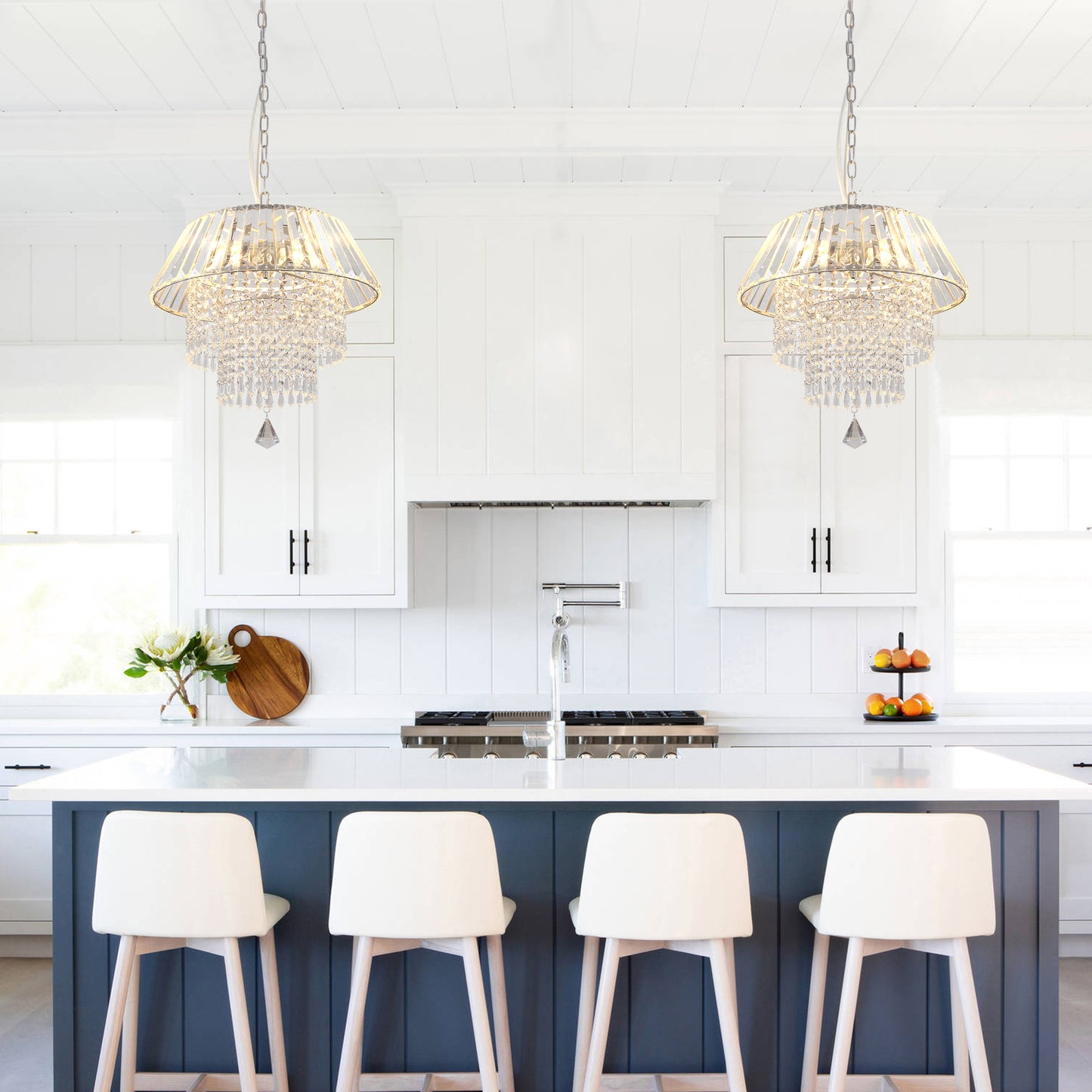 FC4112-3 Lights Crystal Chandelier, Height Adjustable Home Decoration Pendant Light, Kitchen Island Light