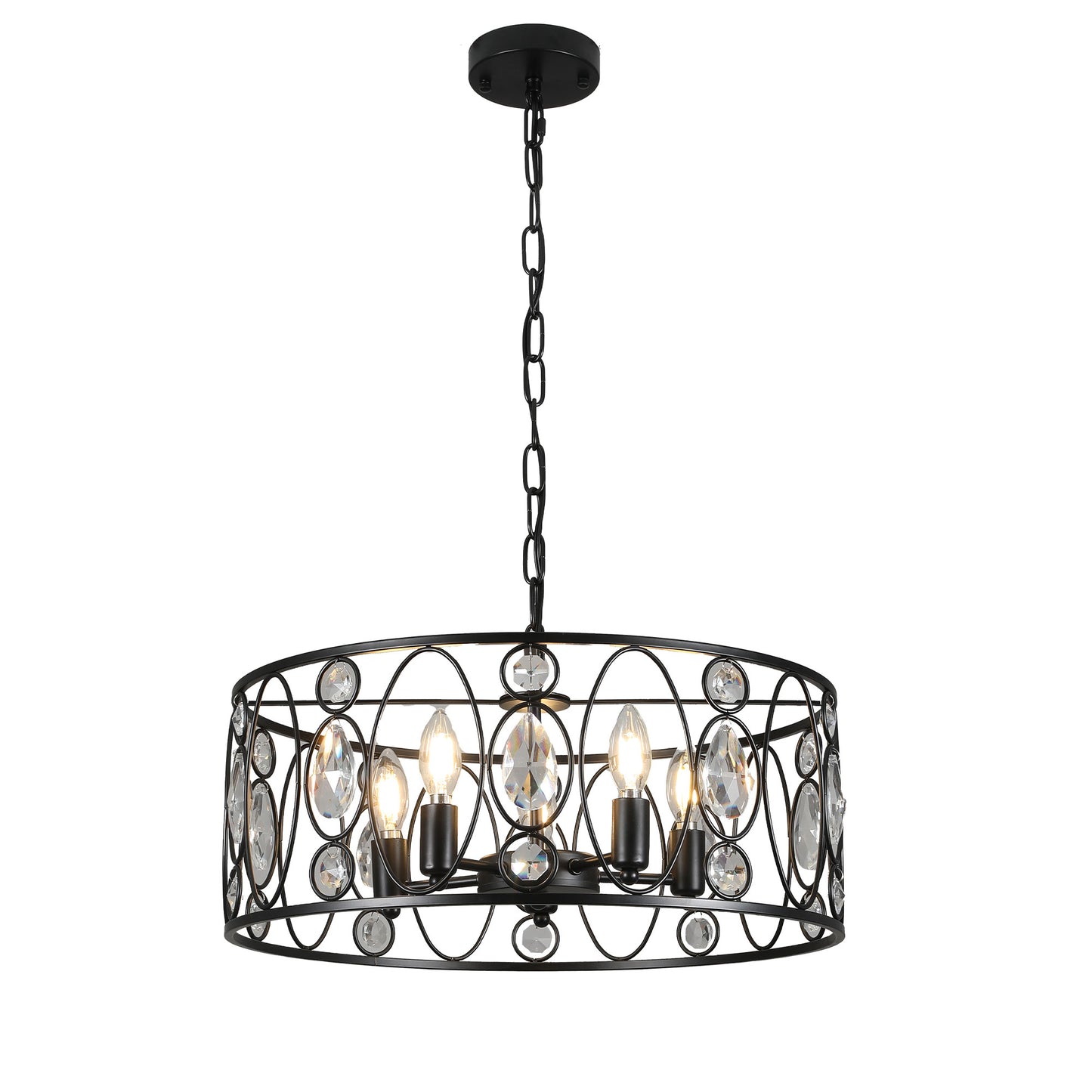 FC4086-5 Lights Black/Silver Finish Glamorous Crystal Geometric Chandelier, Height Adjustable Iron Pendant Light