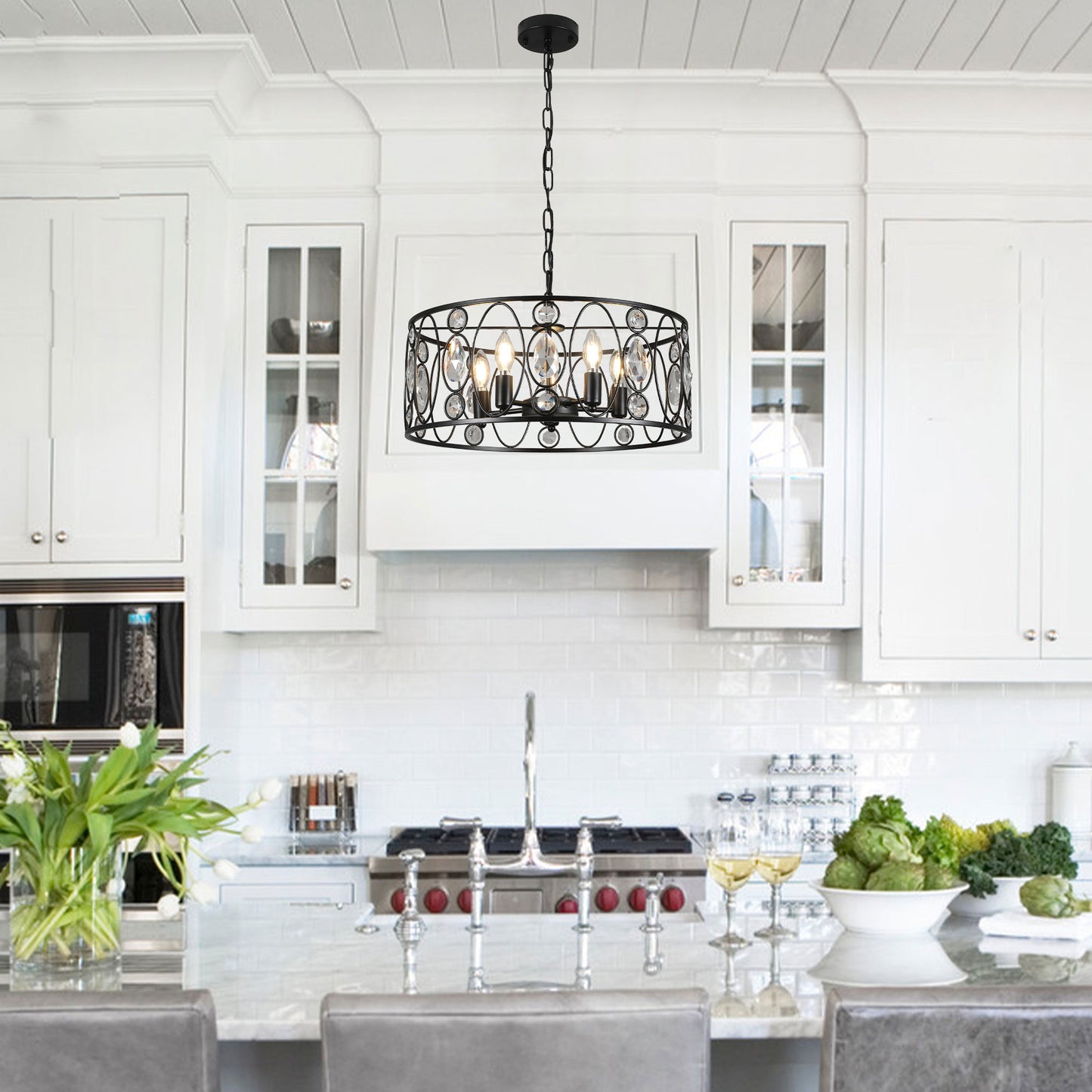 FC4086-5 Lights Black/Silver Finish Glamorous Crystal Geometric Chandelier, Height Adjustable Iron Pendant Light