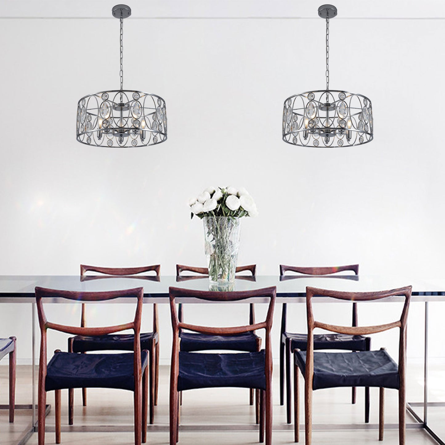 FC4086-5 Lights Black/Silver Finish Glamorous Crystal Geometric Chandelier, Height Adjustable Iron Pendant Light