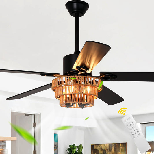 DC5221-BellaDepot 52" Farmhouse Brown Rattan Caged Ceiling Fan with Remote Control, 5 Blades Standard Ceiling Fan with Lights