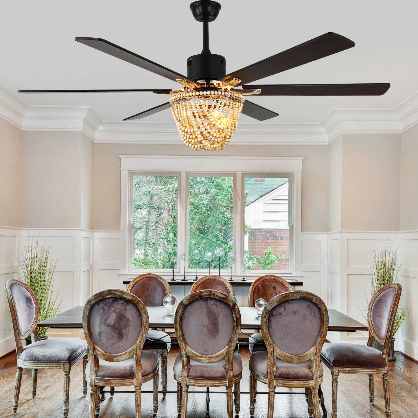 BellaDepot 65" Wood Bead Cottage Large Size Ceiling Fan with Remote Control, Silent Motor 6 Speeds Straight Leaf Fan with 3 Lights - DC6508
