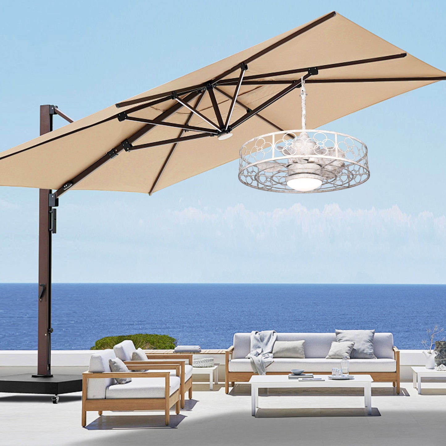 HW2036-BellaDepot 23.6" Distressed White Outdoor Ceiling Fan with Remote and LED Lights, DC Motor 6 Speeds Ceiling Fan