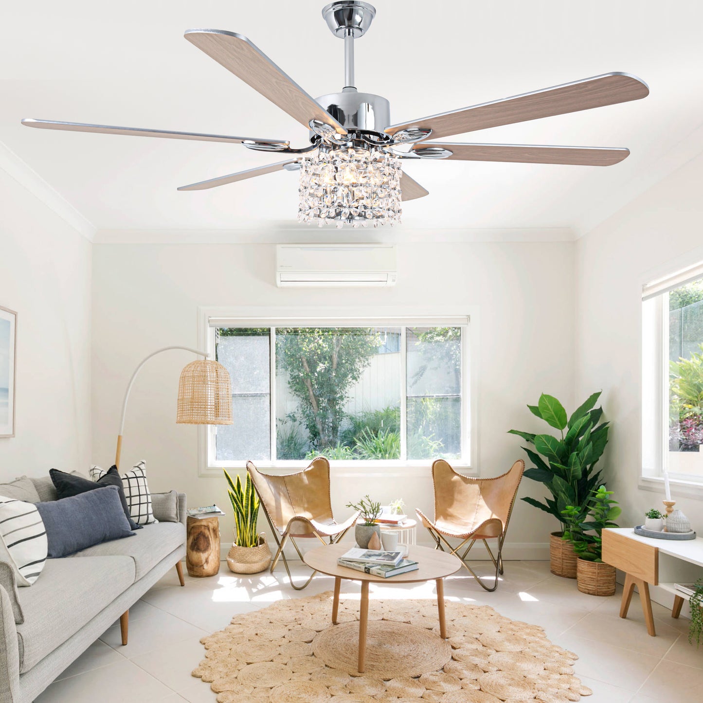BellaDepot 65" Luxury Crystal Shape Flower Caged Ceiling Fan with Remote Control and 3 Lights, Black or Silver Silent Straight Leaf Fan for All Seasons - DC6510-B/C