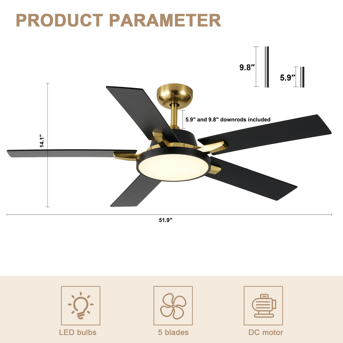 HWJ5220/5221/5222-52" 5 Wooden Blades Industrial Caged Reversible Ceiling Fan with Remote and LED Lights, Large Size 6-speed Ceiling Fan