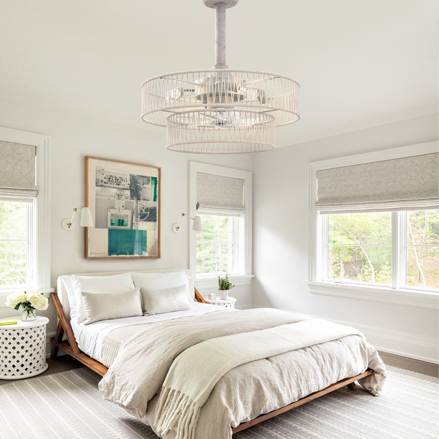 DC2030-BellaDepot 19.7" Hokkaido Distressed White Finish Simple Style Reversible Ceiling Fan with Remote and 4 Lights, 6-speed Bladeless Ceiling Fan