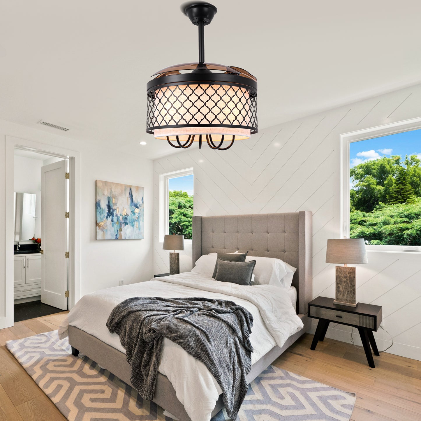 DC4271-B-BellaDepot 42" Vintage Chandelier Fan with Fabric and Metal Decor, Caged Ceiling Fan with Remote Control and Lights