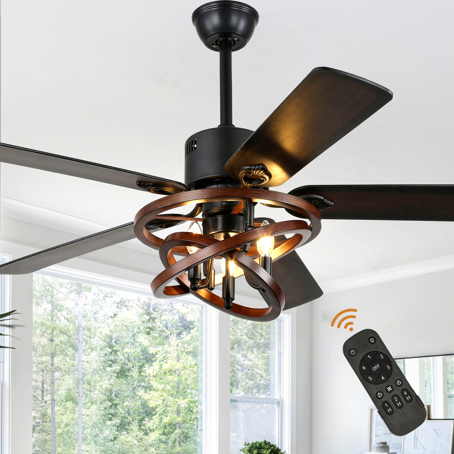 BellaDepot 52" Farmhouse Brown Ceiling Fan with Remote Control, 5 Blades Standard Ceiling Fan with Lights - DC5219