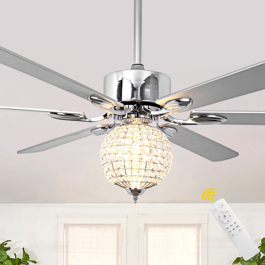 DC6509-BellaDepot 65" Luxury Crystal Ball Chrome Large Size Ceiling Fan with Remote Control, Silent Motor 6 Speeds Straight Leaf Fan with LED Lights