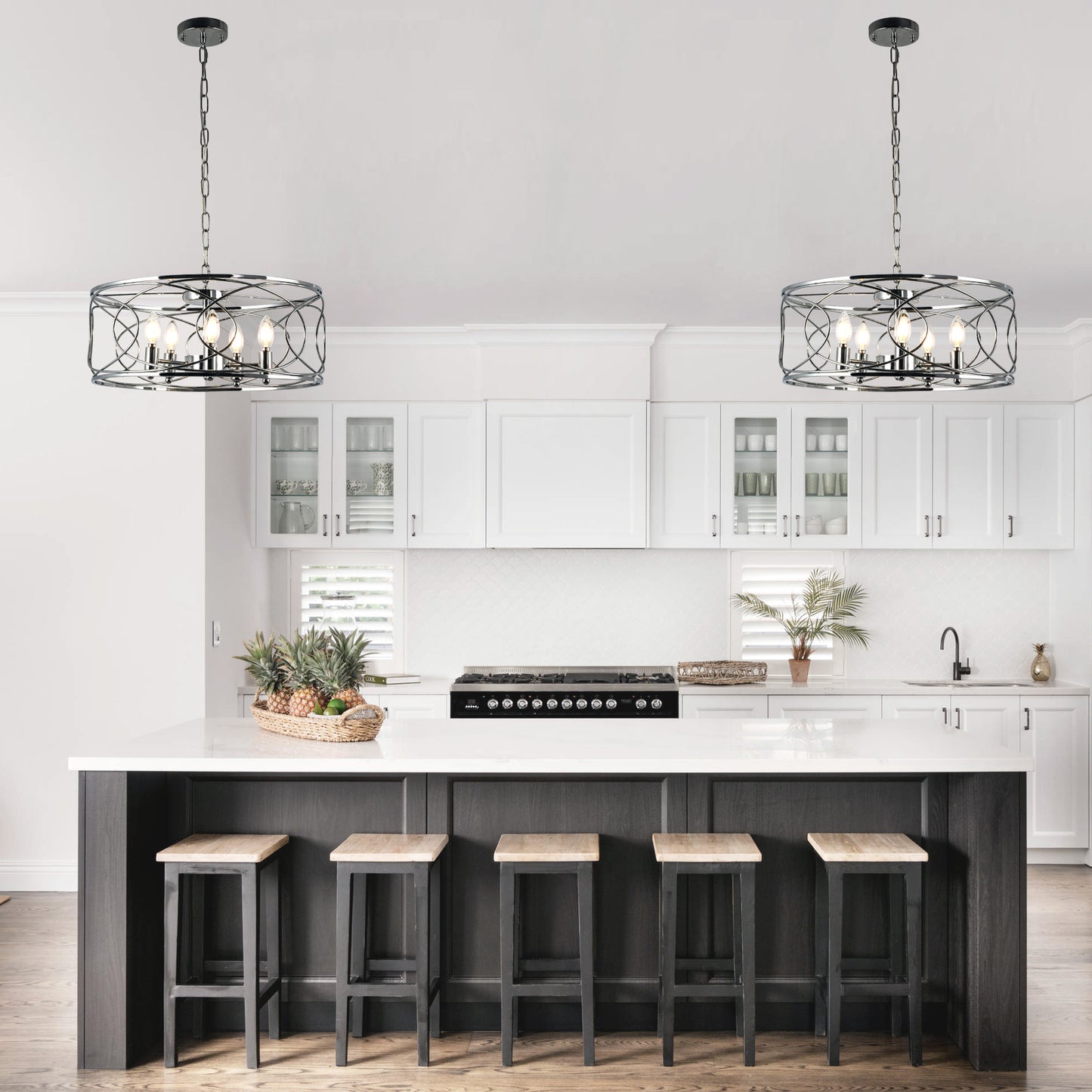 FC4078-5 Lights Black/Silver Finish Simple Linear Metal Caged Chandelier, Geometric Pendant Light with and Adjustable Chain