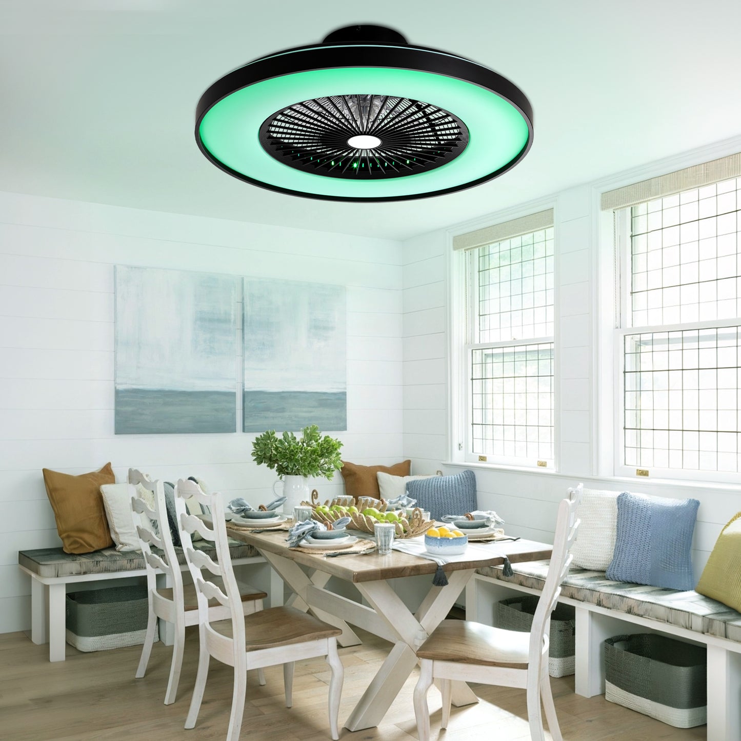 HWJ2310-23" RGB Flush Mount Smart Ceiling Fan with Remote Control, Bedroom Fan Lights with 6 Wind Speeds