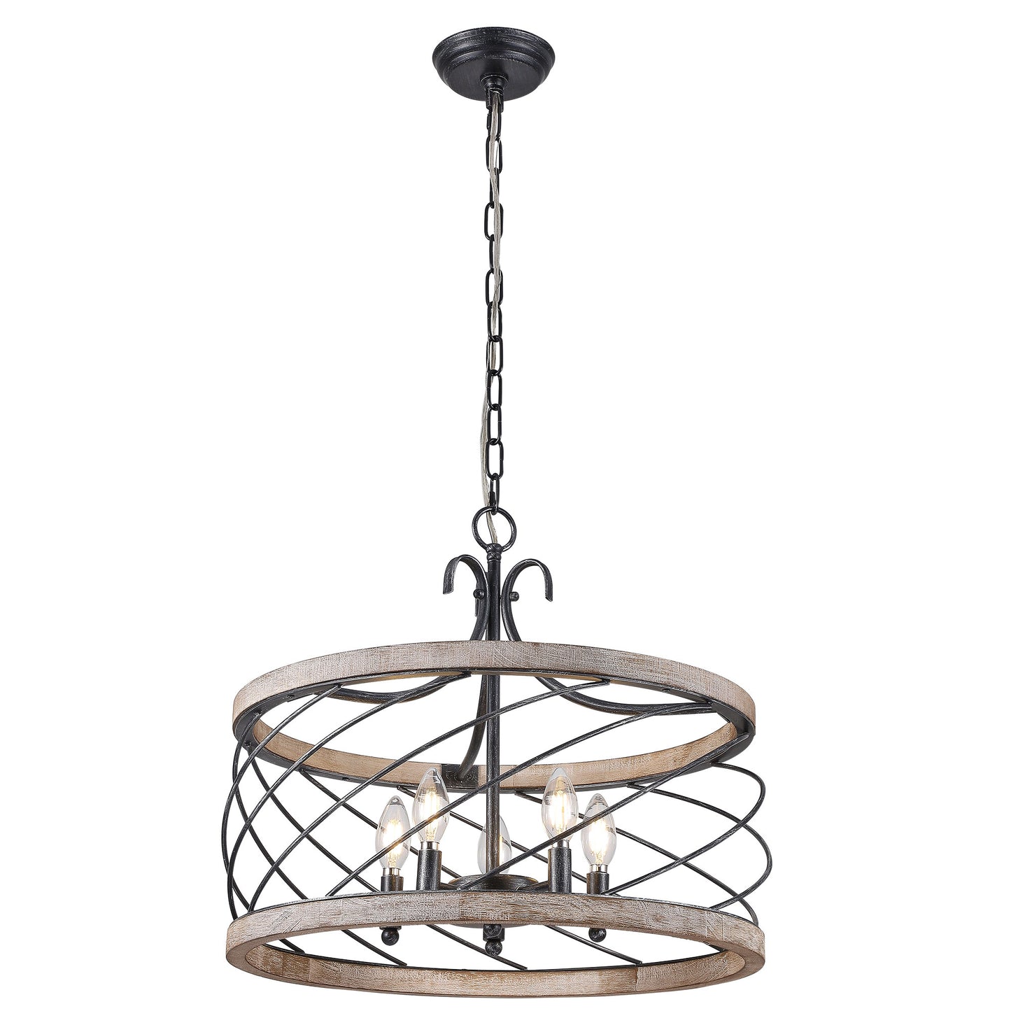FC4071-BellaDepot 21.3" Brown/White Distressed Wood Geometric Chandelier with Adjustable Chain, Wooden Pendant Light for Home Decor