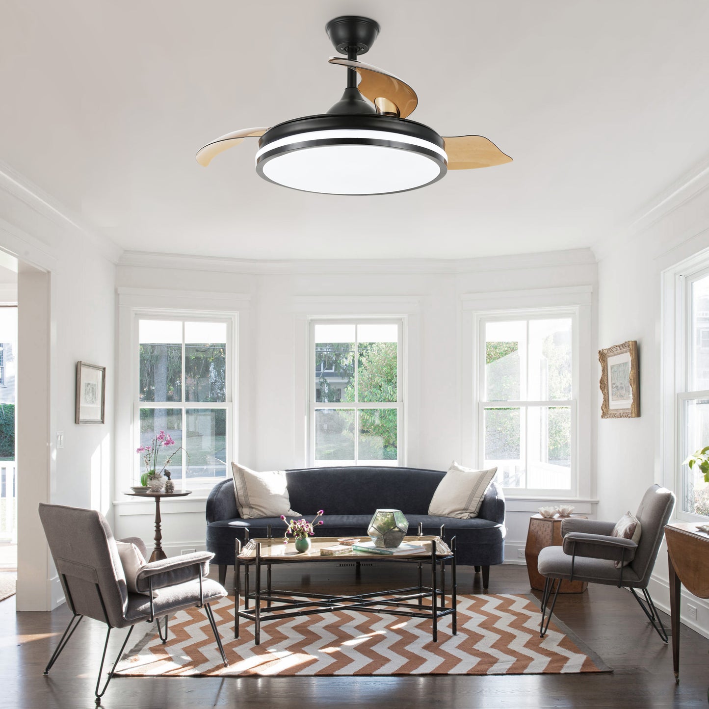 DC4260-BellaDepot 42" Black/Chrome/Gold/White Modern Reversible Ceiling Fan with Remote and LED Light Kit Included, 6 Speeds Retractable Ceiling Fan