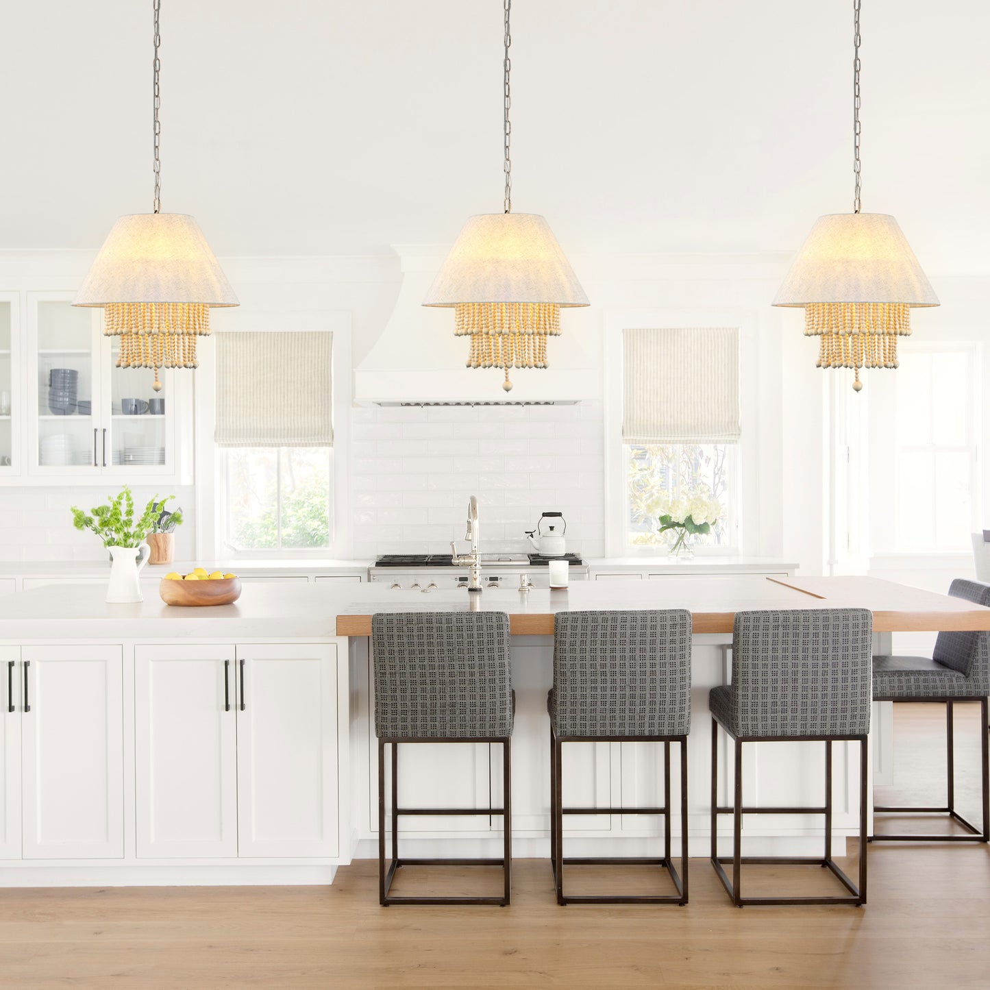 FC4113-3 Lights Fabric Chandelier, Height Adjustable Home Decoration Pendant Light, Kitchen Island Light