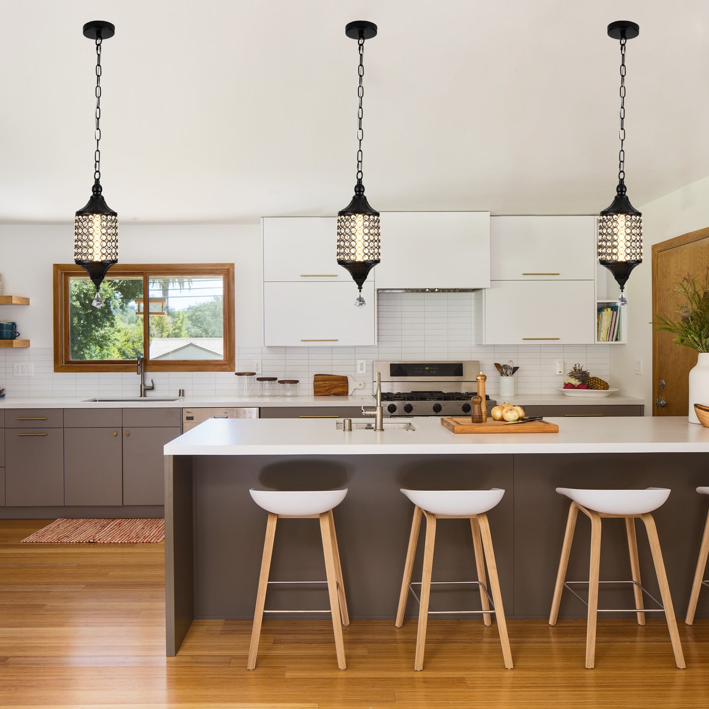 FC4075-LED Glamorous Luxury Crystal Geometric Chandelier, Height Adjustable Pendant Light