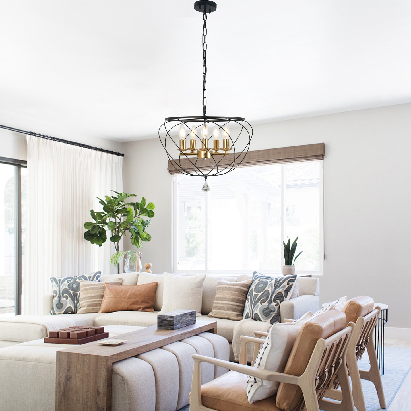 FC4087-5 Lights Iron Geometric Linear Chandelier, Home Decorative Pendant Light with Lights and Adjustable Chain