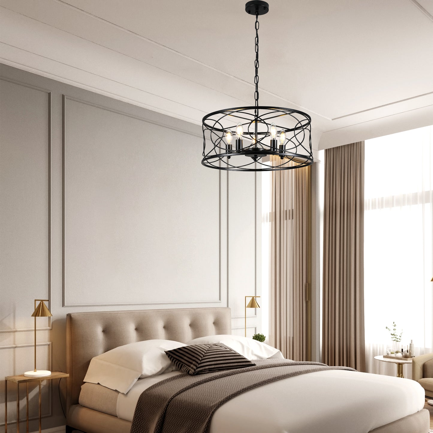 FC4078-5 Lights Black/Silver Finish Simple Linear Metal Caged Chandelier, Geometric Pendant Light with and Adjustable Chain