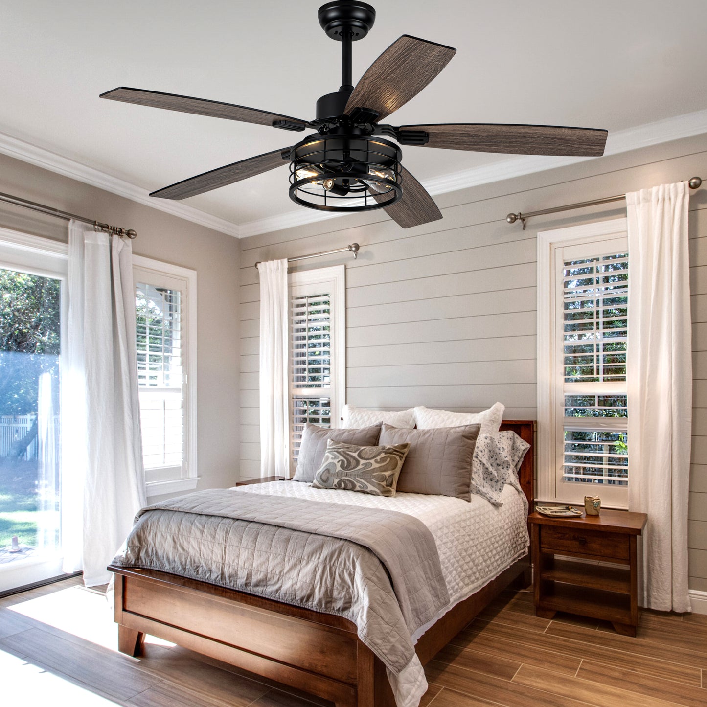 MD-FS8930XL-BellaDepot 52" Industrial Metal Caged Fan Lights with Remote Control, Silent DC Motor Ceiling Fan for Any Seasons
