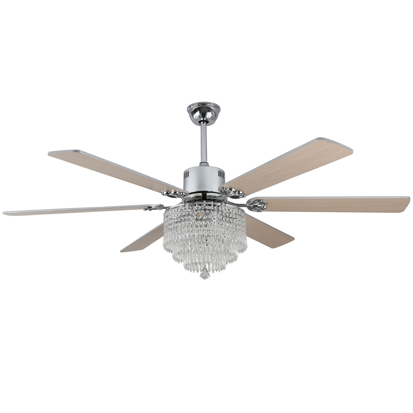 DC6502-65" Black/Silver Finish Metal Crystal Wooden Reversible Ceiling Fan with Remote and 3 Lights, Large Size Ceiling Fan
