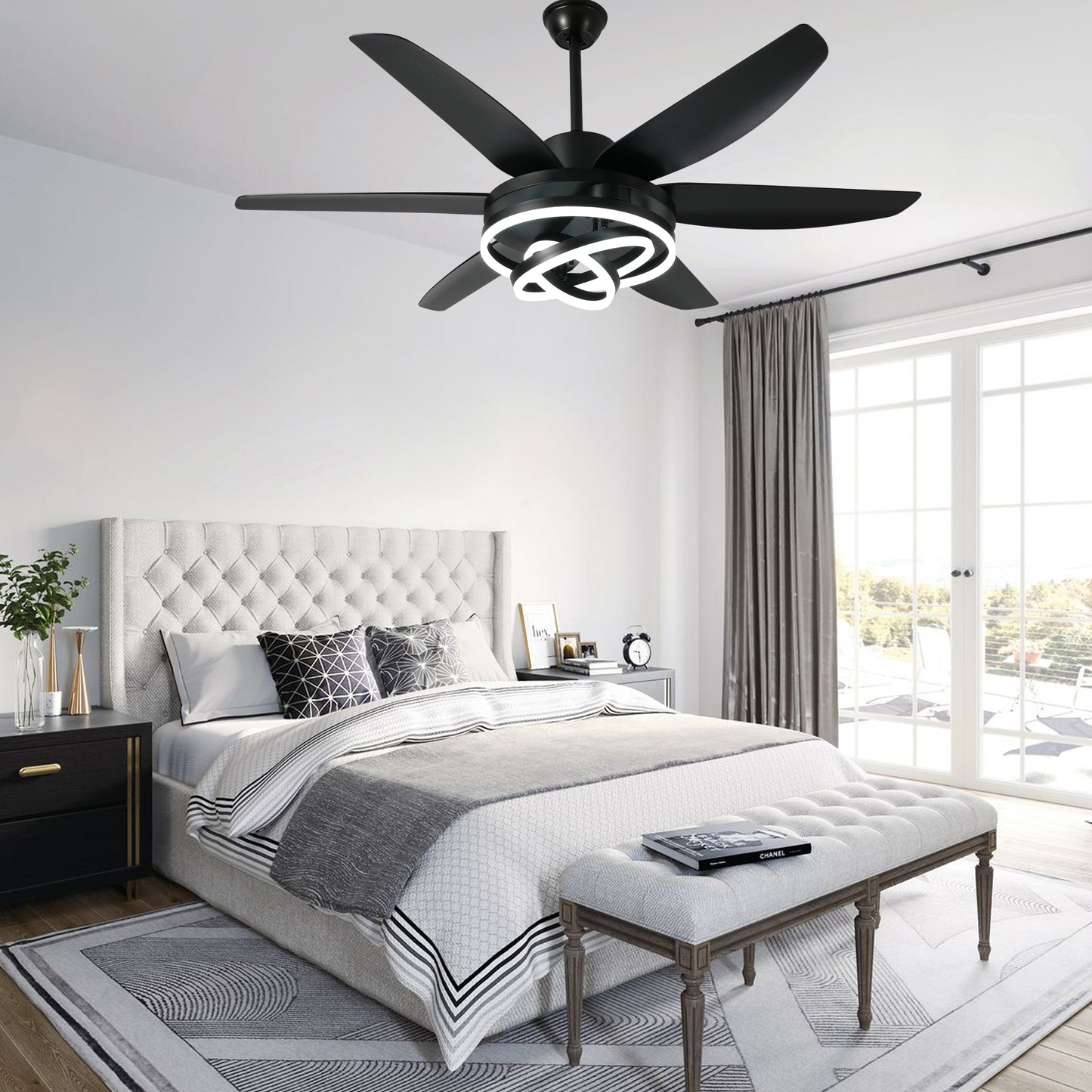 GED5614-BellaDepot 56" Modern Contemporary Black LED Ceiling Fan, 6 Speeds Ceiling Fan with Light Remote Control for All Seasons