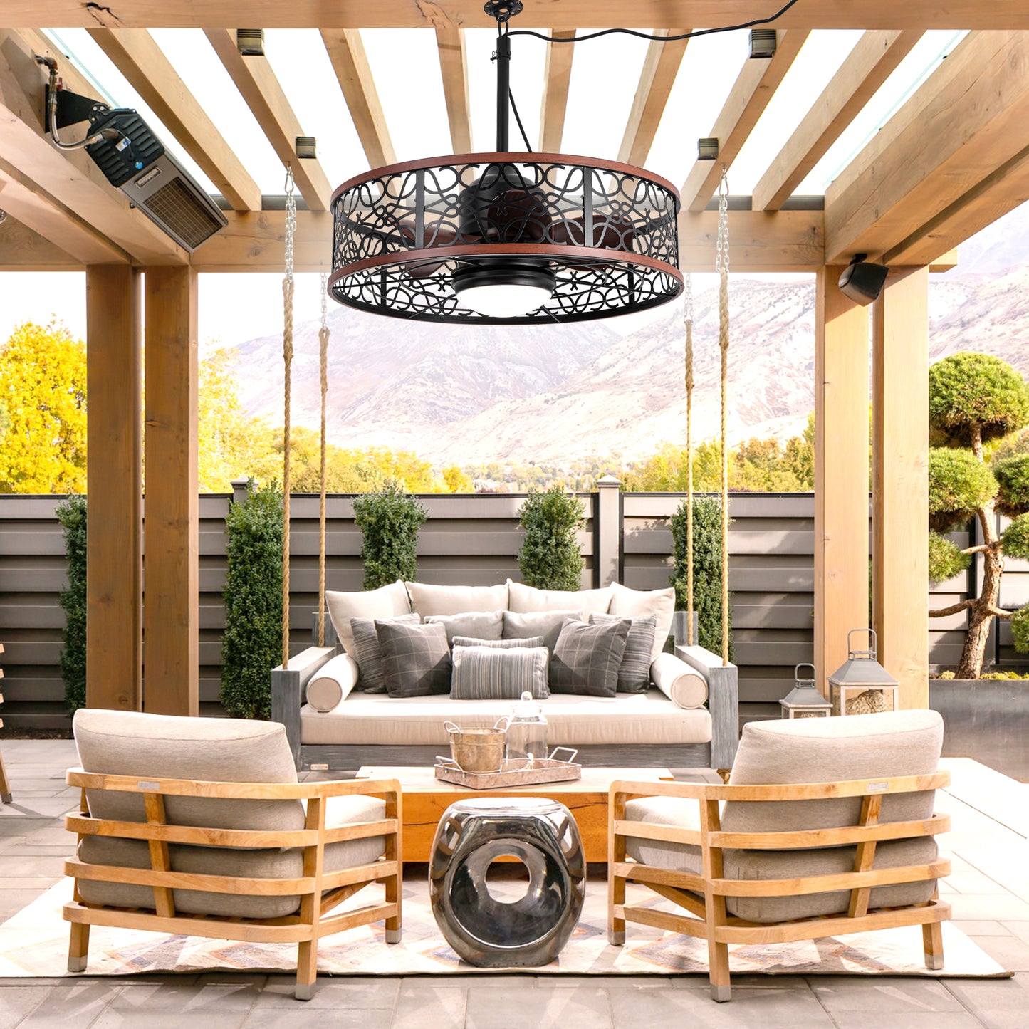HW2310-GED-BellaDepot 24" Outdoor Iron Carving Caged Ceiling Fan with Remote Control, DC Motor 6 Speeds Fan with LED Lights