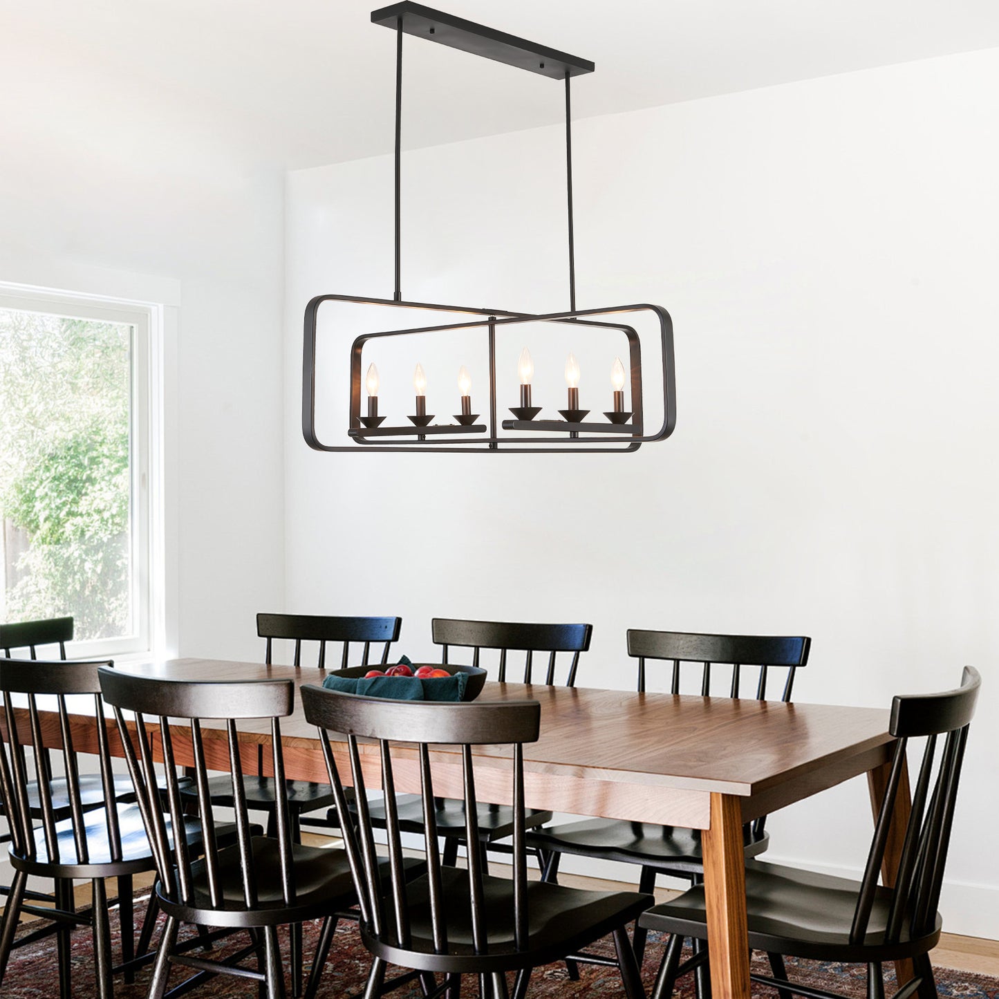 FC4110-6 Lights Geometric Wood Chandelier, Height Adjustable Home Decoration Pendant Light