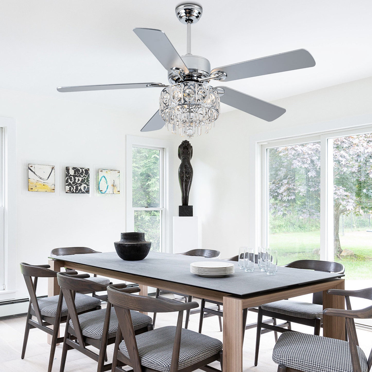 BD2064-52" Silver Finish Deluxe Crystal Reversible Ceiling Fan with 3 Lights and Remote