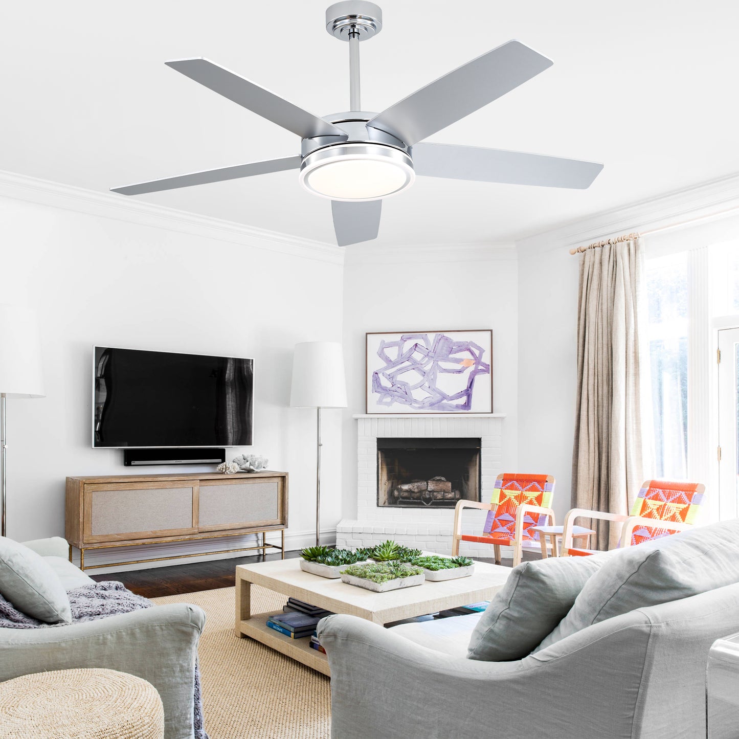 BellaDepot 52" Modern Contemporary Black or Chrome LED Ceiling Fan with Remote Control and Lights, Reversible 6 Speeds Ceiling Fan for All Seasons - DC5225-B/C