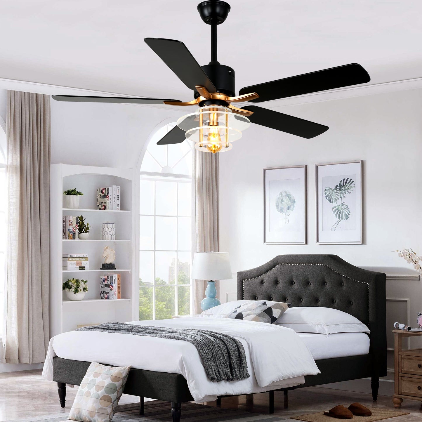 BellaDepot 52" Modern Black or Chrome Acrylic Shade Ceiling Fan with Remote Control, 5 Blades Standard Ceiling Fan with Lights - DC5222-B/C