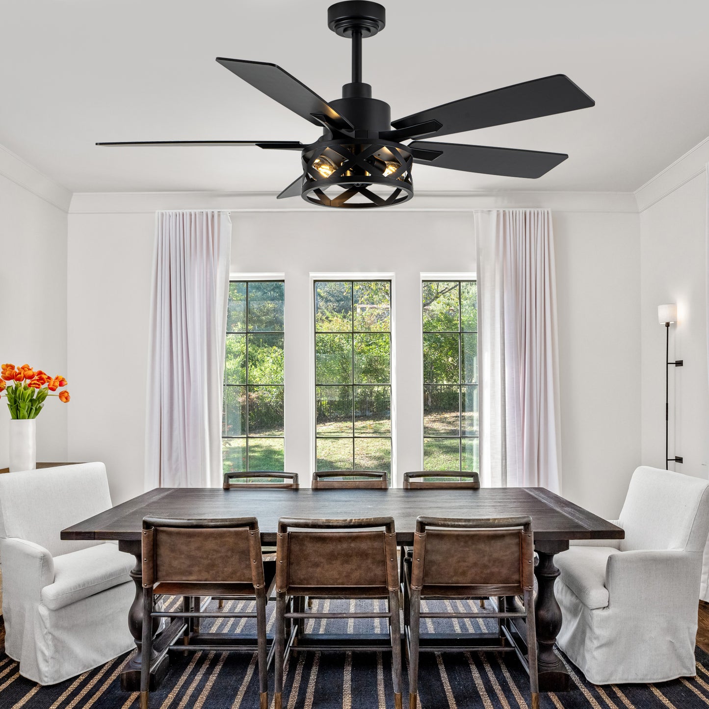 MD-FS8962XL-BellaDepot 52" Industrial Wood Grain Caged Ceiling Fan with Remote and Reversible Blades, Large Size 6-speed Ceiling Fan with Lights