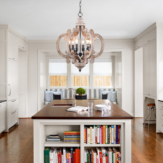 FC4002-H/W-BellaDepot 6 Light Distressed Wood/Distressed White French Country Vintage Style Distressed Wood Geometric Chandelier, Wooden Pendant Light with Adjustable Chain - FC4002