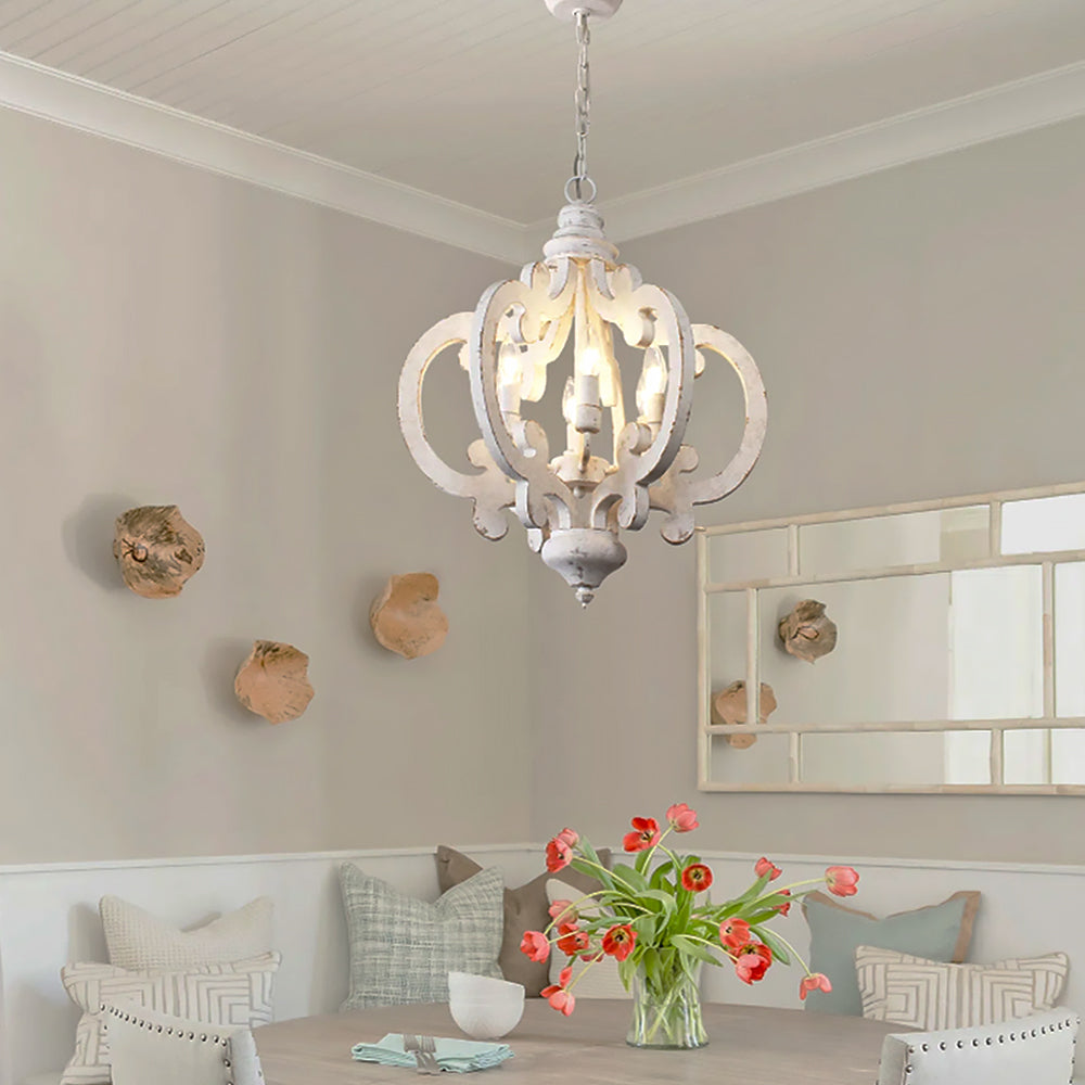 FC4002-6 Light Distressed Wood/Distressed White French Country Vintage Style Distressed Wood Geometric Chandelier, Wooden Pendant Light with Adjustable Chain